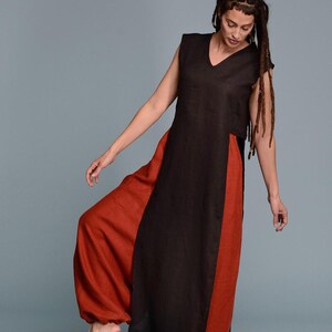 Top tunique en lin noir, col en V sans manches, taille Lagenlook personnalisée image 10