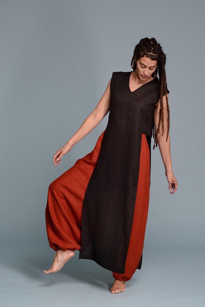 Top tunique en lin noir, col en V sans manches, taille Lagenlook personnalisée image 10