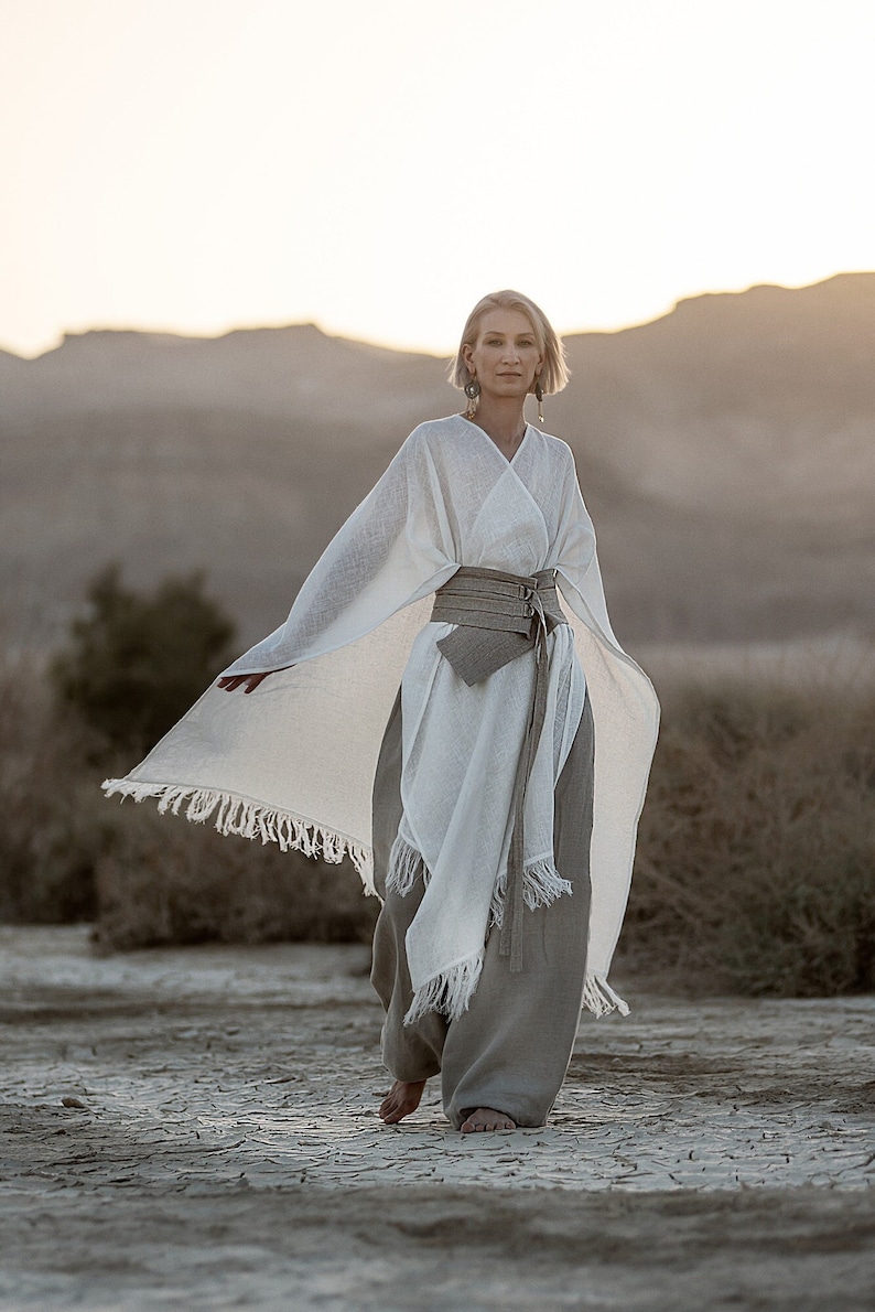 Linen Poncho with Fringe Gender Neutral Adult Clothes Desert Hues: Agender Linen Collection zdjęcie 1