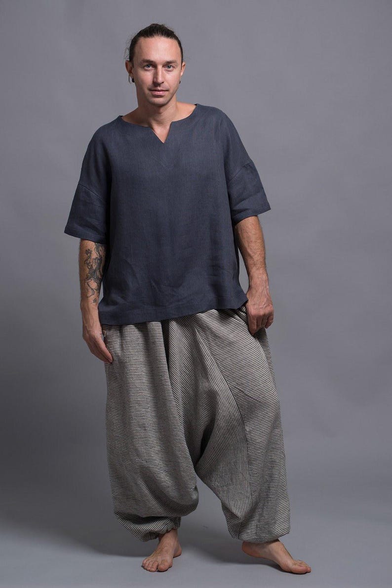 Men’s linen t shirt in natural flax, breathable lightweight linen top for summer