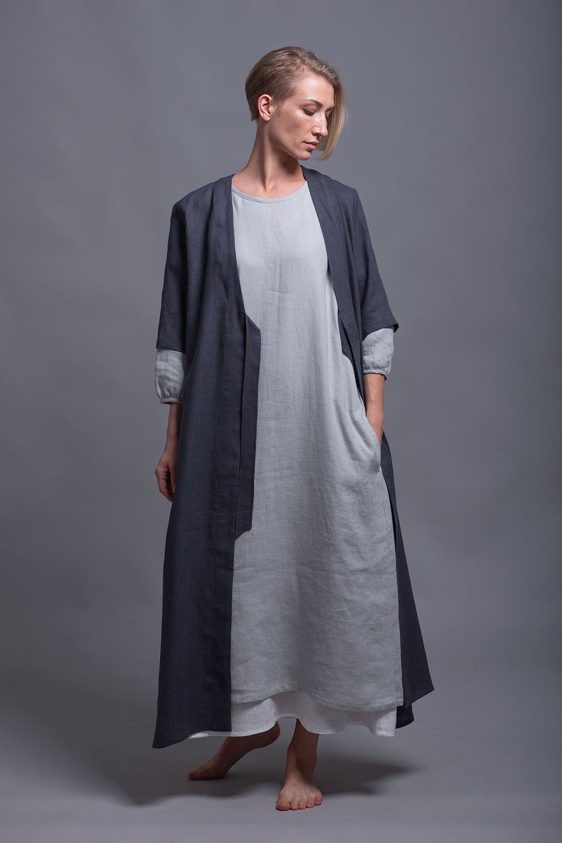 URSA Boho Linen Coat, Oversized Kaftan Dress for Women, Maxi Long Caftan Cardigan, Flax Oversize Loose Jacket, Plus Size Medieval Clothing image 2