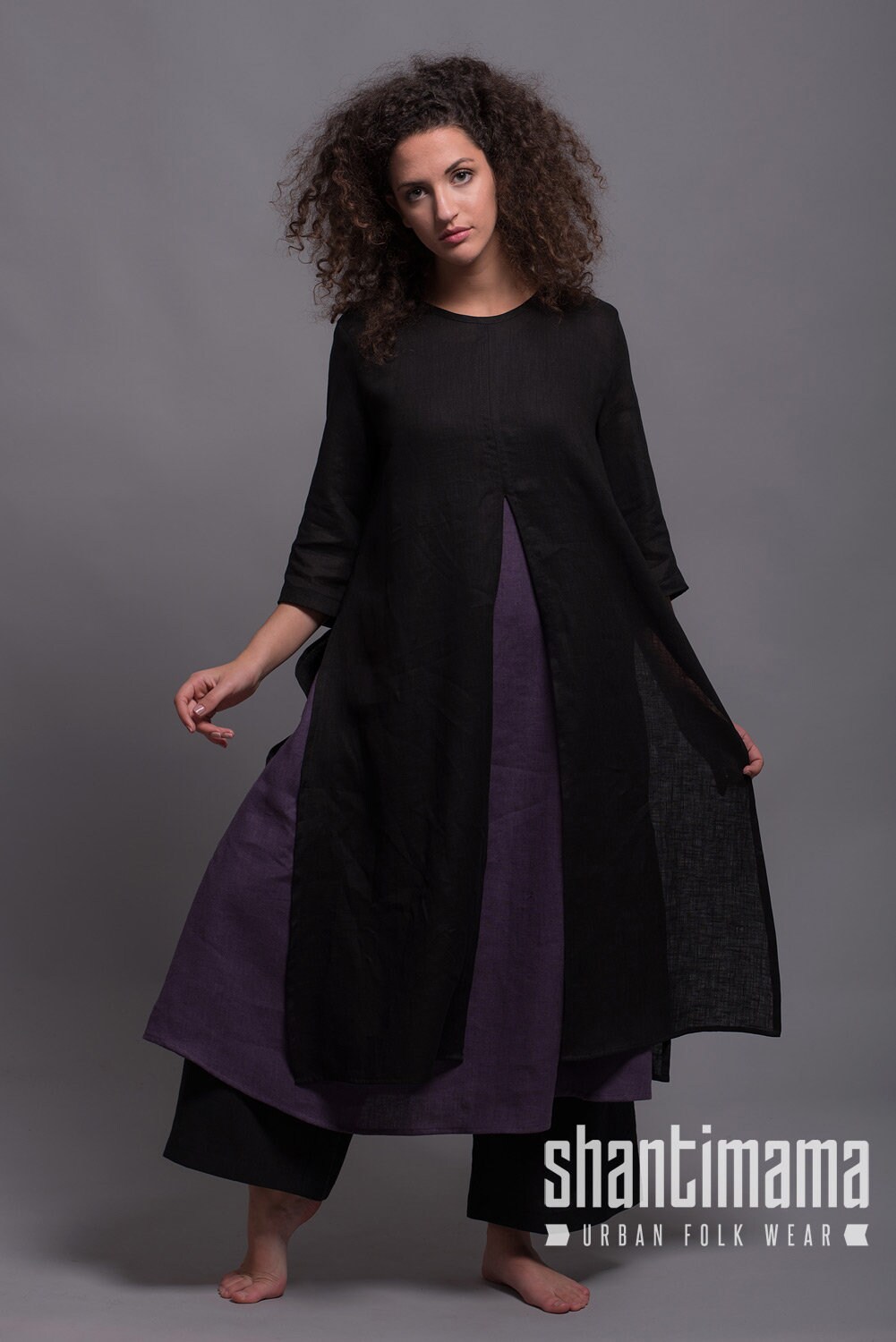 Women Linen Black Solid Tunic main image 1