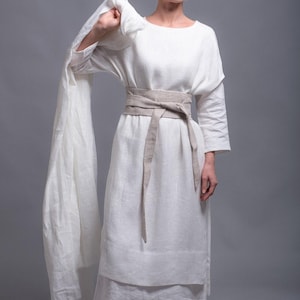Outfit 4 pieces - Large Linen Dress DOR + Linen Tunic SANGA + Wrap Belt + White Linen Scarf, Women Flax Linen Clothing, Viking wedding dress