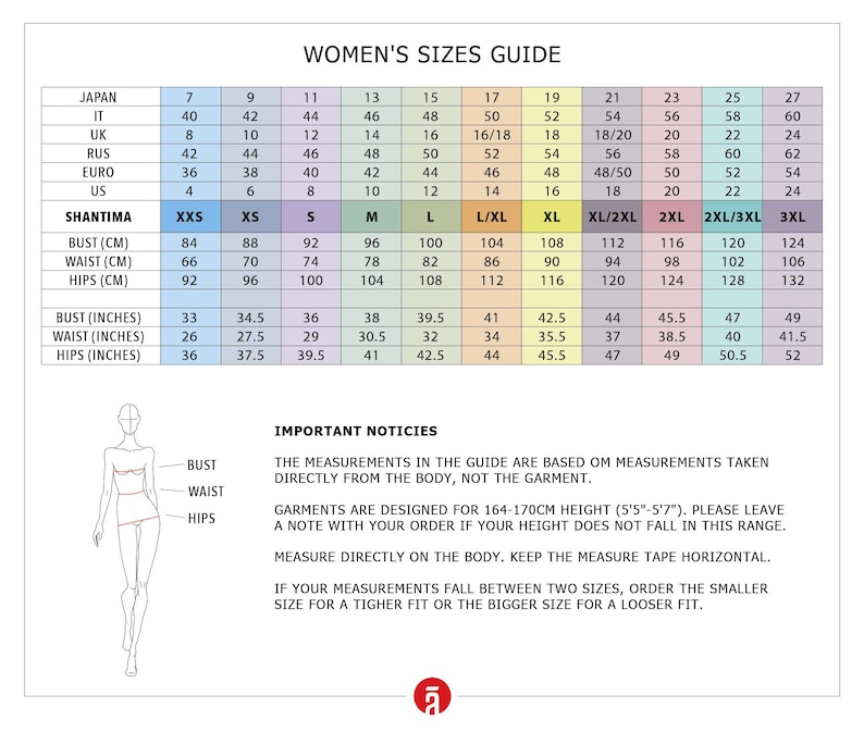 The image is a guide for women's sizes, providing measurements and corresponding clothing sizes for various countries and styles.