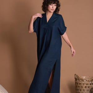 Blue Linen Maxi Dress, V-Neck Summer Kaftan with Pockets image 2