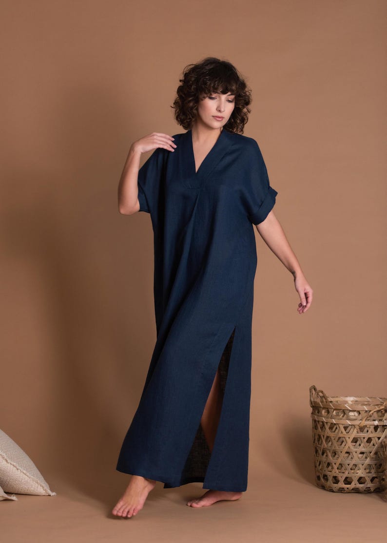 Blue Linen Maxi Dress, V-Neck Summer Kaftan with Pockets image 2
