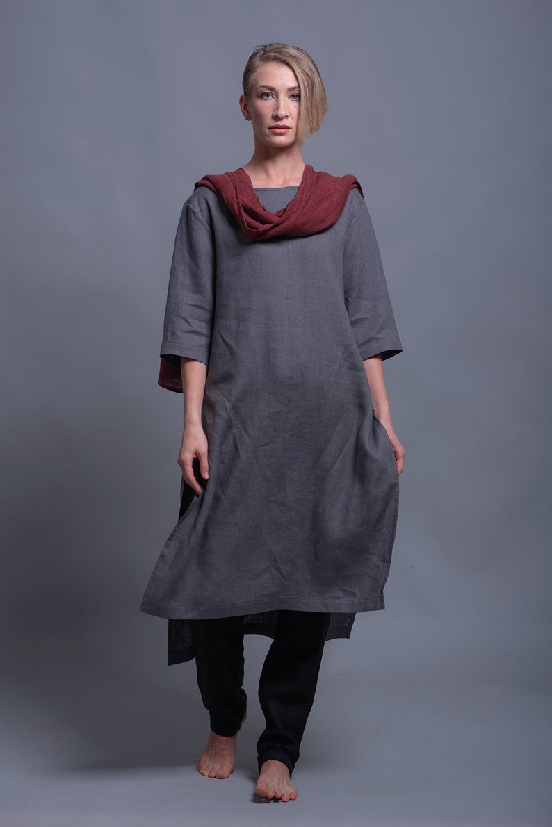 MIRA Open Back Tunic Top, Natural Linen Midi Loose Fitting Oversized Shirt with Long Sleeve, Flax Everyday Tunic Plus Size Vegan Clothing image 3