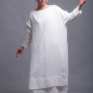 White Linen Tunic Dress, Long Slit Layering Top, Medieval Viking Festival Style image 2