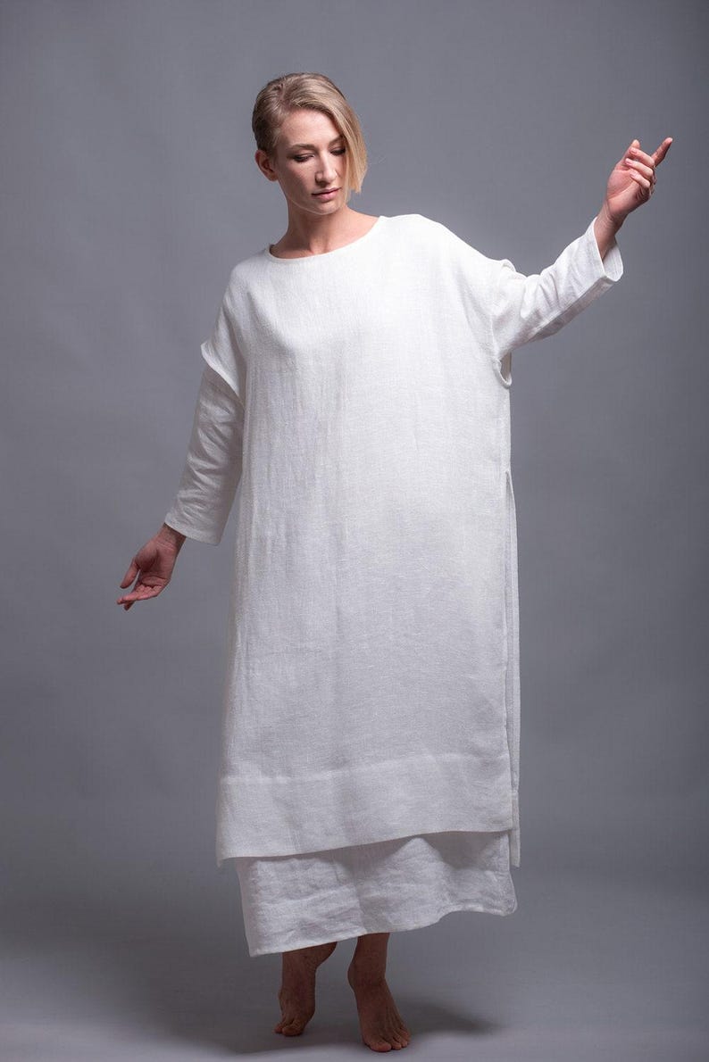 White Linen Tunic Dress, Long Slit Layering Top, Medieval Viking Festival Style image 2