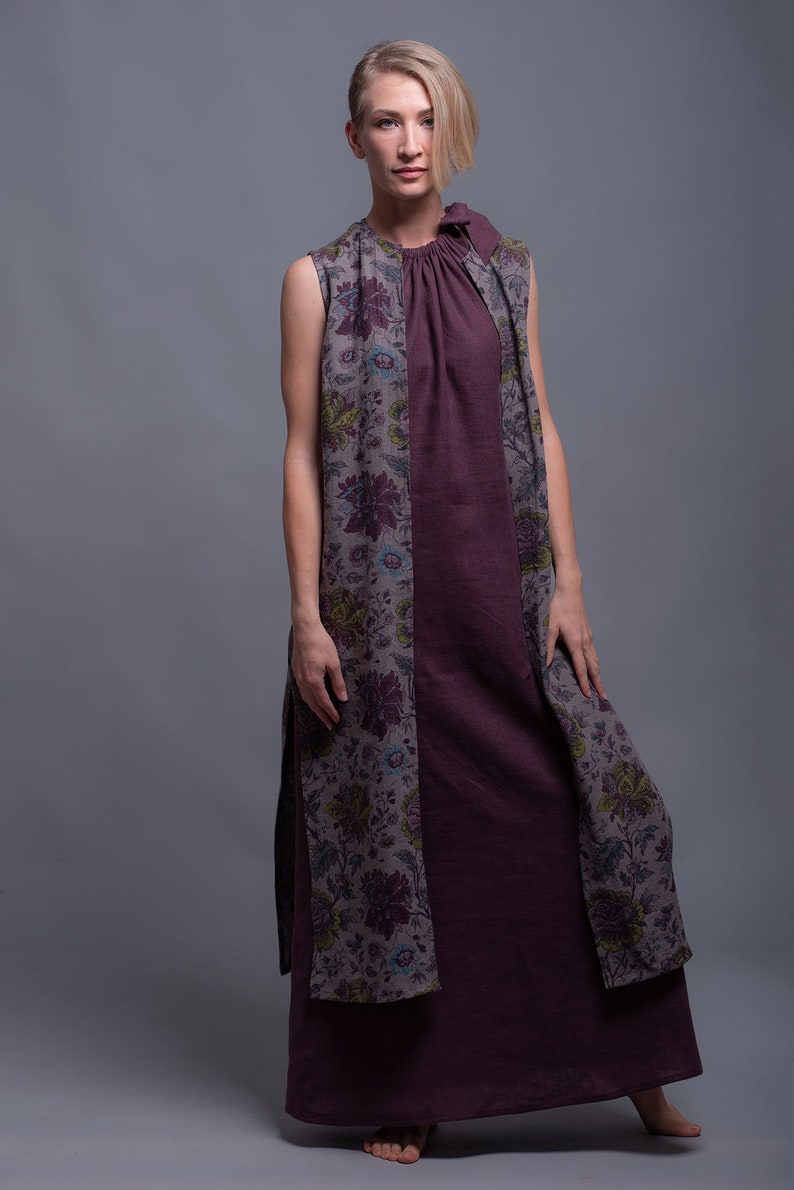 GAYA Linen Long Vest with Side High Slit Women Maxi Floral Print Sleeveless Jacket, Lagenlook Boho Rustic Vest Custom Made Linen Clothin image 6