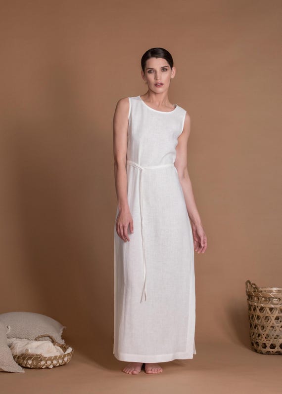 white linen belted dress Linen Belted Midi Dress White / XS