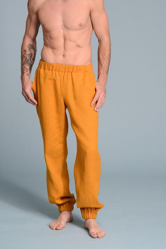 Men's Linen Trousers, Elastic Cuff Flax Pants, Yoga Travel Wear
