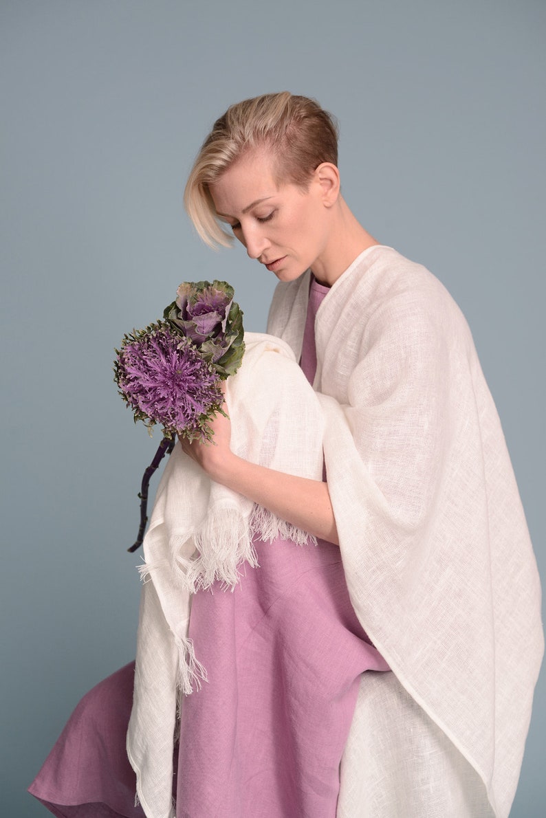 BOHO Open-Weave Linen Cape, Women's Lagenlook Fringe Kimono Cardigan, Bohemian Rustic Wedding White Poncho Cover-Up, Long Flax Shawl Wrap image 3