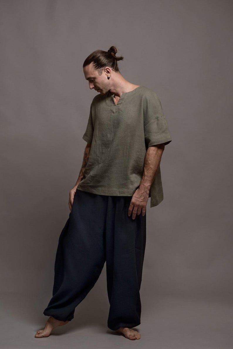 Linen summer shirt for men, breathable natural fabric t-shirt in flax color