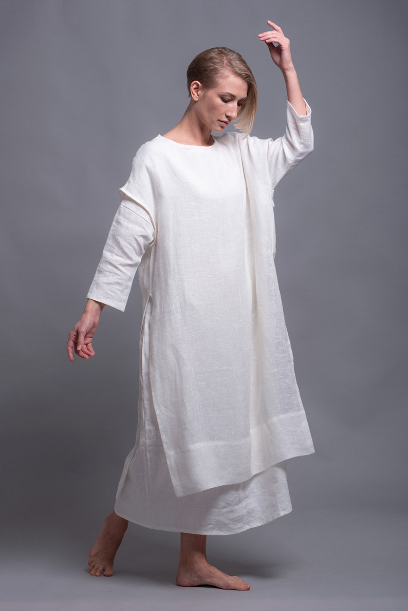 White Linen Tunic Dress SANGA, Viking Wedding White Dress Costume Medieval Style Festival Clothing, Large Linen Dress Summer Natural Clothes image 3