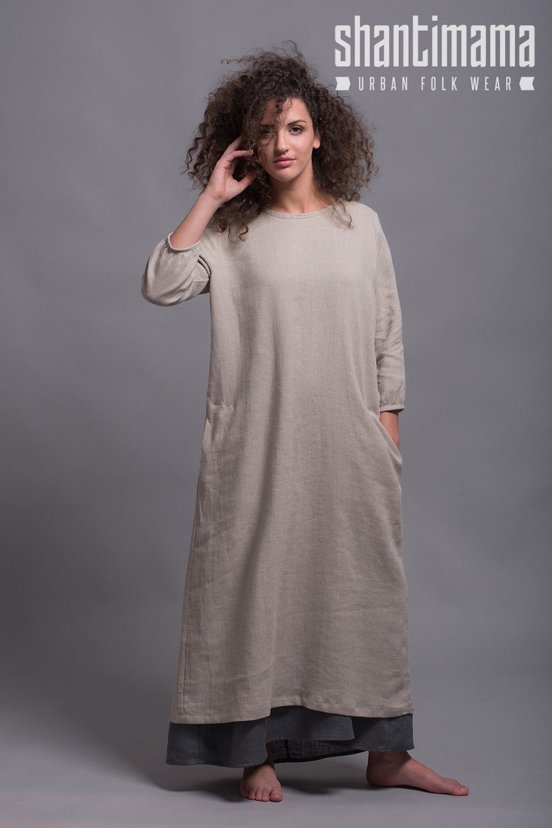 Linen Dress NIKA, Long Washed Linen Dress with sleeves, Lagenlook Rustic style loose fitting linen dress, Petite Plus size Linen Clothes image 7