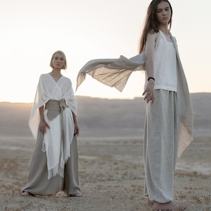 Linen Poncho with Fringe Gender Neutral Adult Clothes Desert Hues: Agender Linen Collection zdjęcie 4