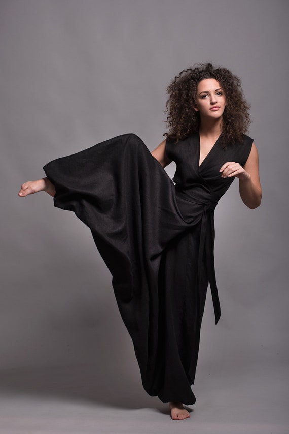 Linen Jumpsuit. Long Jumpsuit. Wrap Style Black Jumpsuit. Drop