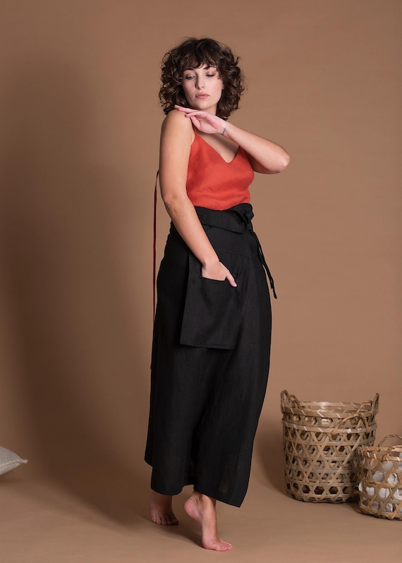 Black Linen Wrap Skirt, Unisex Japanese Style Maxi Skirt With