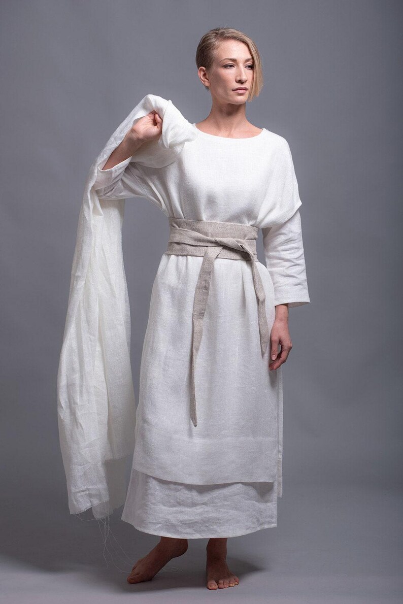 White Linen Tunic Dress, Long Slit Layering Top, Medieval Viking Festival Style image 4