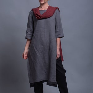 MIRA Open Back Tunic Top, Natural Linen Midi Loose Fitting Oversized Shirt with Long Sleeve, Flax Everyday Tunic Plus Size Vegan Clothing image 2