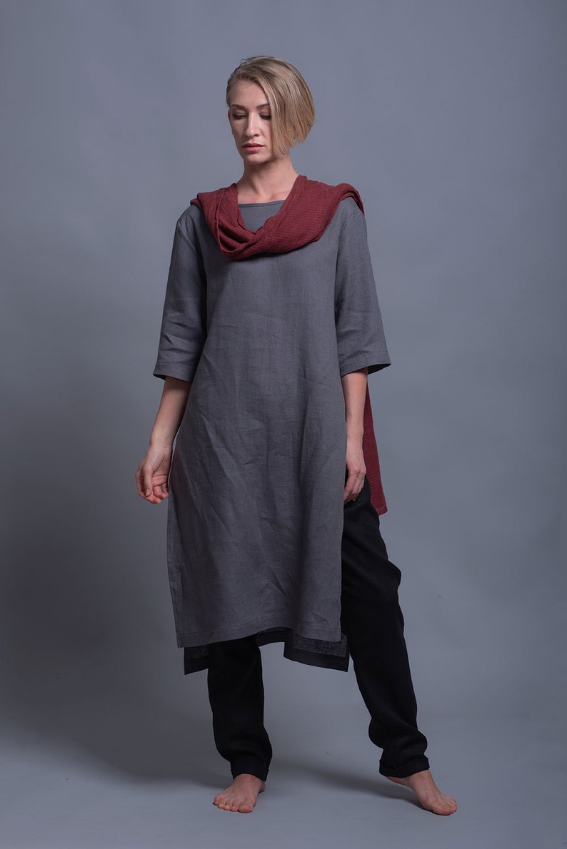 MIRA Linen Tunic Dress for Women, Asymmetrical Maxi Flax Top Shirt with Long Sleeve and Open Back, Loose Backless Oversized Tunic, Plus Size image 6