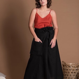 Black Linen Wrap Skirt With Pocket TOKIO