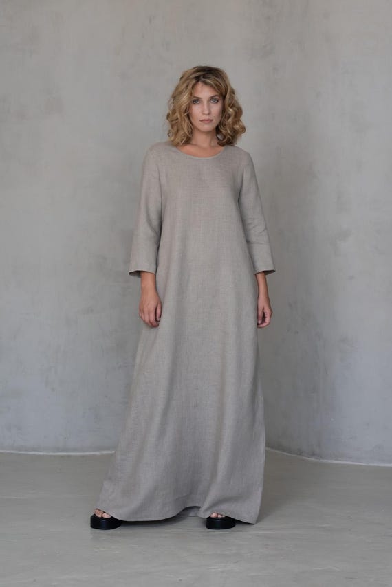 Long Sleeve Linen Maxi Dress for Women, Flax A-Line Winter Dress with Pockets, 100% Natural Fiber Handmade Clothing, Petite - Plus Size