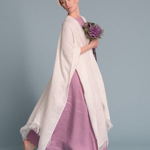 BOHO Open-Weave Linen Cape, Women's Lagenlook Fringe Kimono Cardigan, Bohemian Rustic Wedding White Poncho Cover-Up, Long Flax Shawl Wrap image 6
