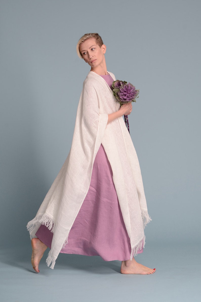 BOHO Open-Weave Linen Cape, Women's Lagenlook Fringe Kimono Cardigan, Bohemian Rustic Wedding White Poncho Cover-Up, Long Flax Shawl Wrap image 6