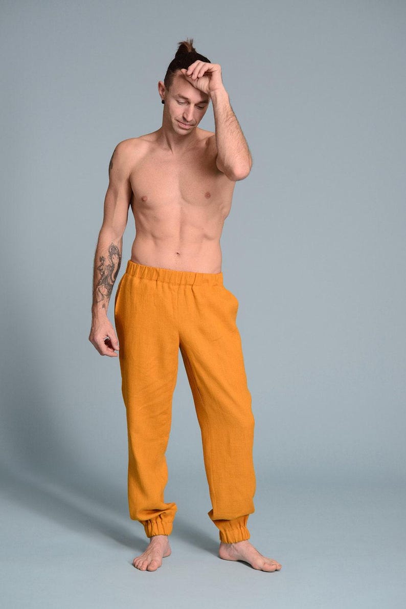 custom size mens linen pants elastic waist