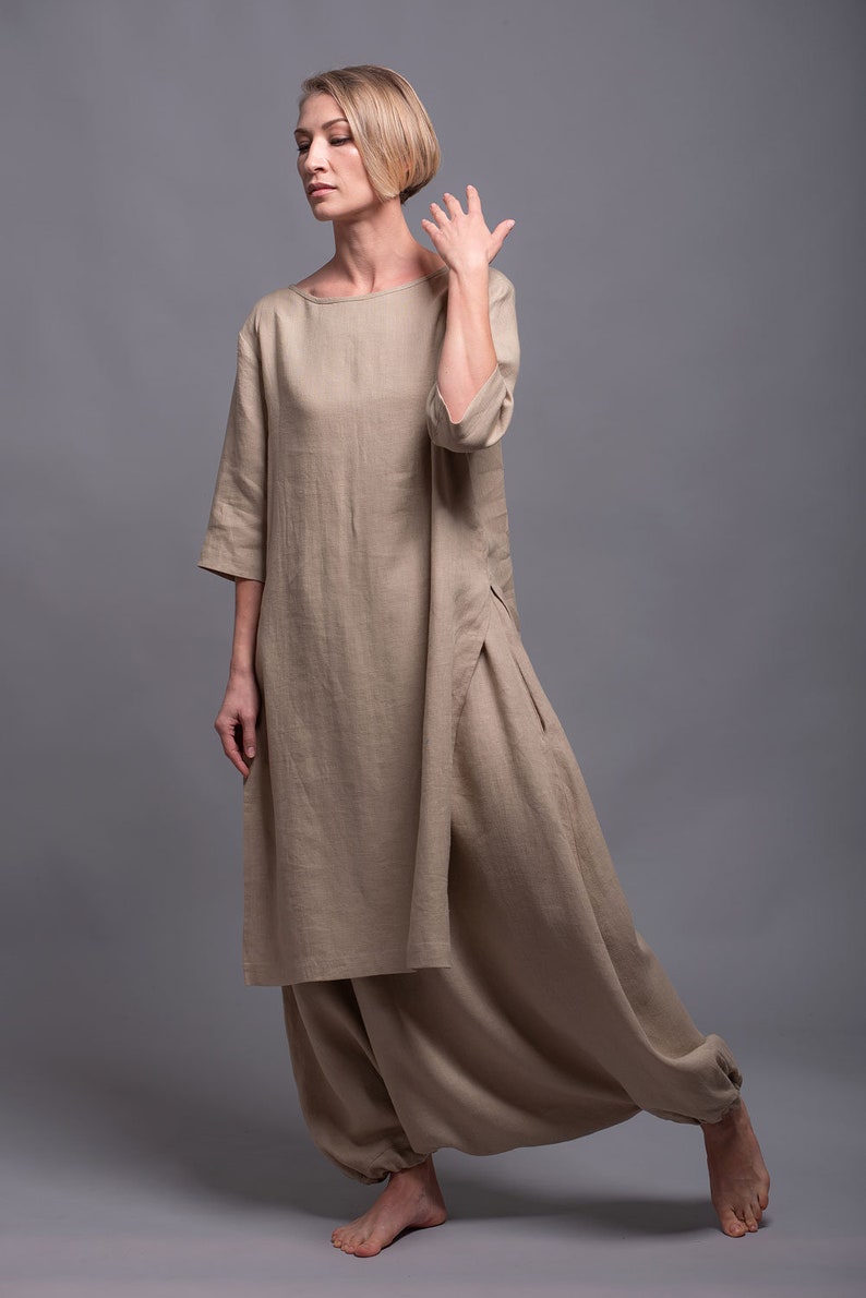 MIRA Open Back Tunic Top, Natural Linen Midi Loose Fitting Oversized Shirt with Long Sleeve, Flax Everyday Tunic Plus Size Vegan Clothing image 5