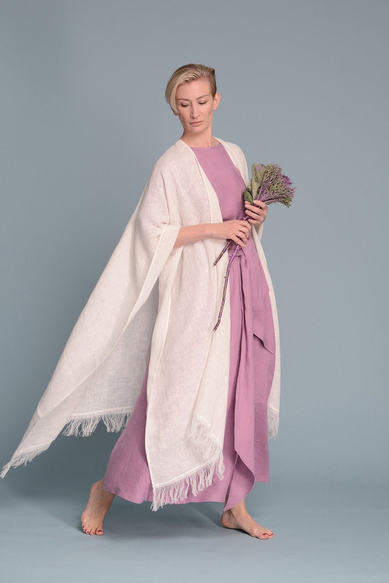 BOHO Open-Weave Linen Cape, Women's Lagenlook Fringe Kimono Cardigan, Bohemian Rustic Wedding White Poncho Cover-Up, Long Flax Shawl Wrap image 4