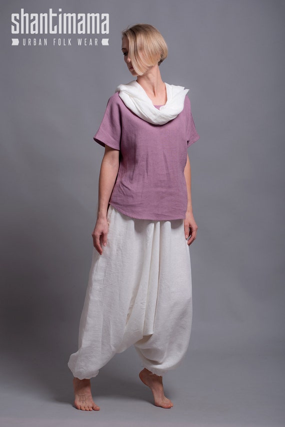 White Linen Harem Pants for Women and Men, Unisex Drop Crotch Pants, Elastic Waist Boho Yoga Trousers, Tall Plus Size Handmade Flax Clothing