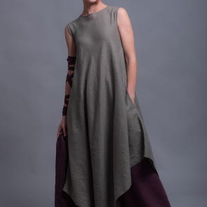 Asymmetric Linen Tunic Dress, Natural Sleeveless Long Flax Dress with Pockets, Lagenlook Minimalist Clothing, Plus Size Linen Summer Layer