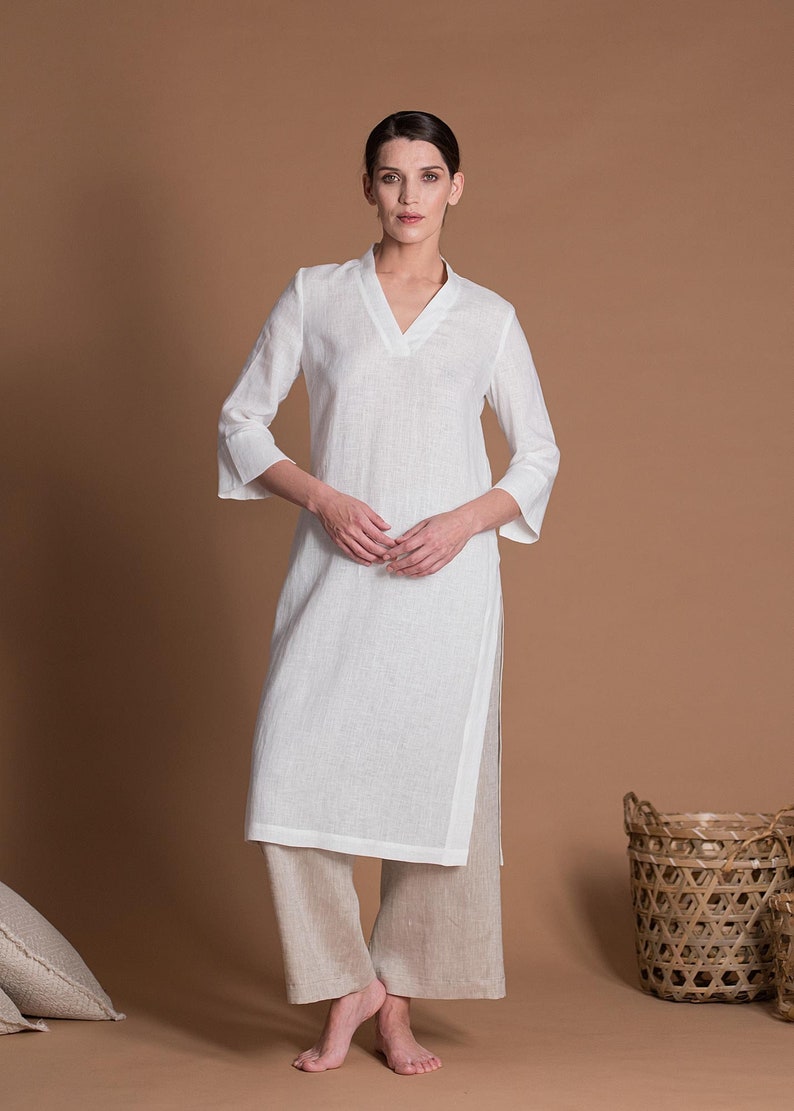 Slim Fit Linen Tunic With Sleeves VICTORY White Summer Flax Linen Clothes For Women Petite, Regular, Plus Size, Tall Custom Made Top image 1