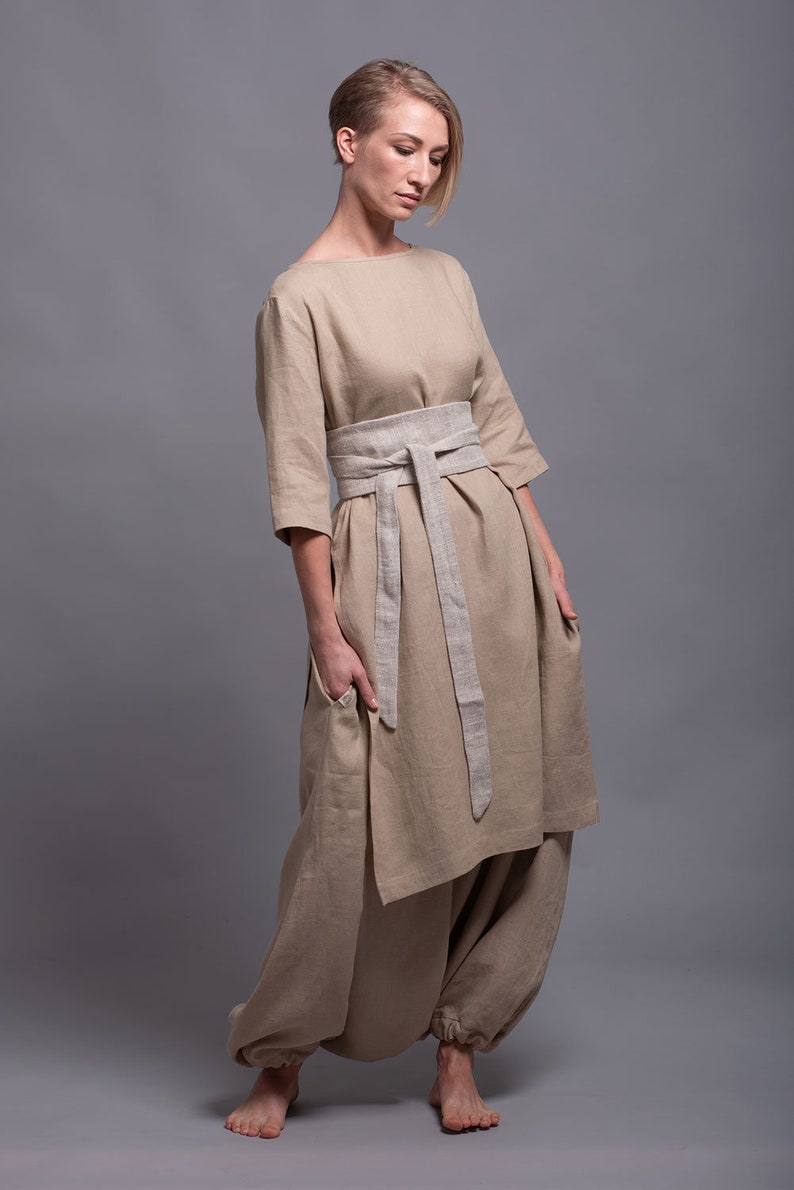 MIRA Linen Tunic Dress for Women, Asymmetrical Maxi Flax Top Shirt with Long Sleeve and Open Back, Loose Backless Oversized Tunic, Plus Size image 2