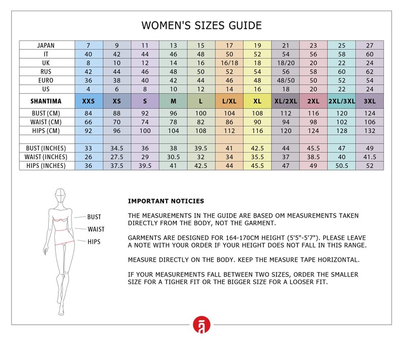 The image is a guide for women's sizes, providing measurements and corresponding clothing sizes for various countries and styles.