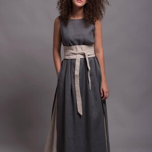 3-piece Linen Outfit – Tunic Dress, Long Skirt and Wrap Belt Set, Washed Flax Viking Clothing