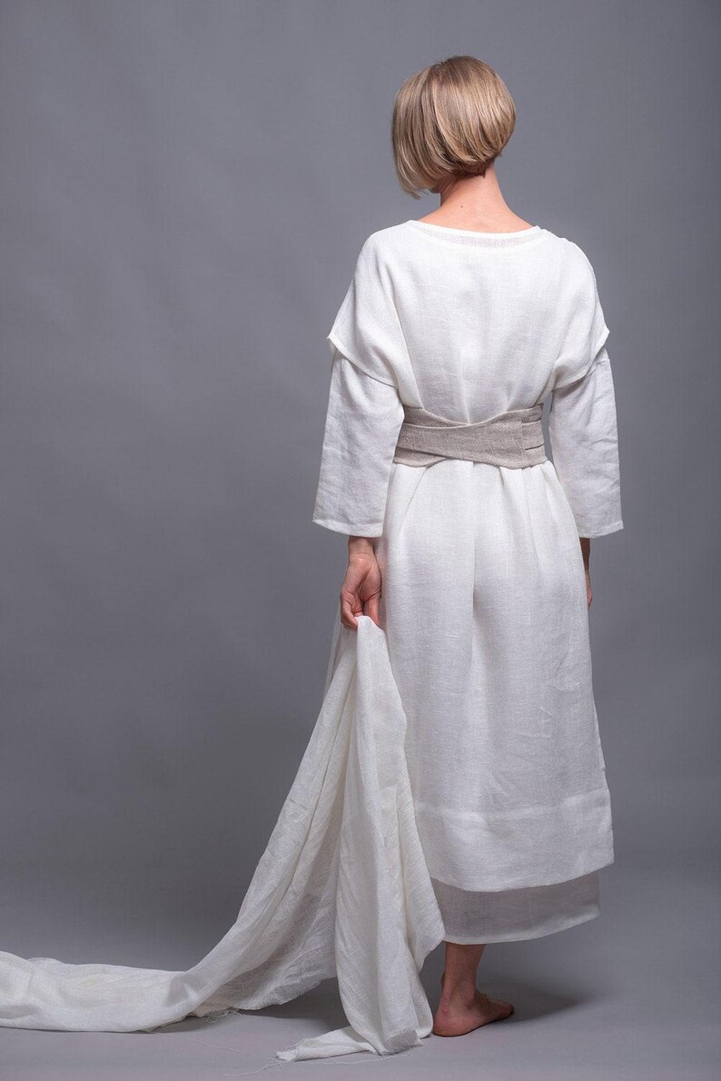 White Linen Tunic Dress, Long Slit Layering Top, Medieval Viking Festival Style image 5