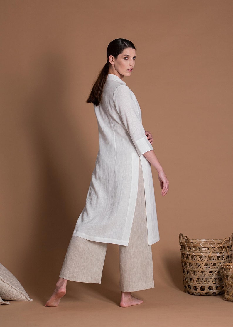 Linen Outfit 2 items Linen Tunic Kurti & Linen Wide Leg Pants Regular, Plus Size, Tall Custom Made Women's Clothes image 1