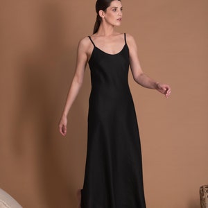 Black Linen Slip Dress in Bias Cut with Spaghetti Straps VERED image 3