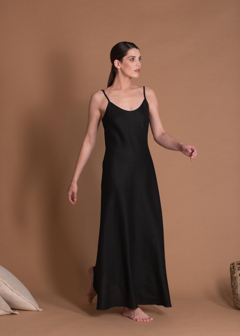 Black Linen Slip Dress in Bias Cut with Spaghetti Straps VERED image 3