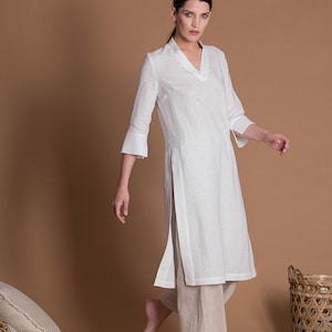 Linen Outfit 2 items Linen Tunic Kurti & Linen Wide Leg Pants Regular, Plus Size, Tall Custom Made Women's Clothes image 3