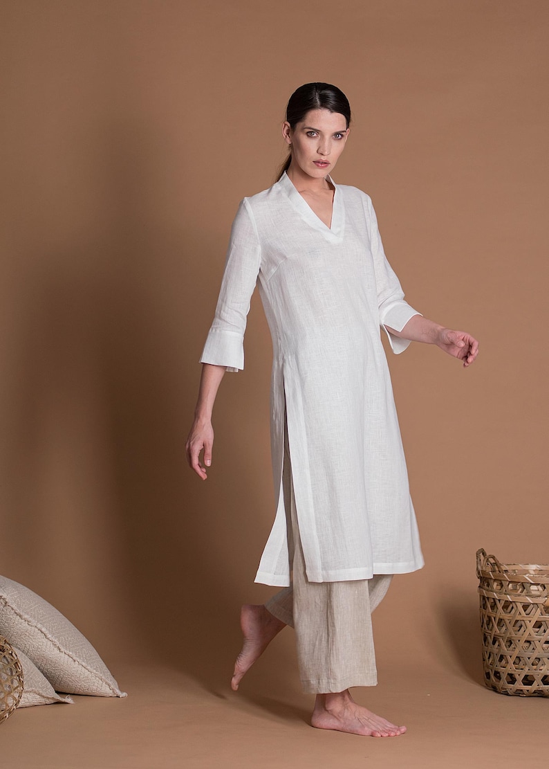 Slim Fit Linen Tunic With Sleeves VICTORY White Summer Flax Linen Clothes For Women Petite, Regular, Plus Size, Tall Custom Made Top image 2