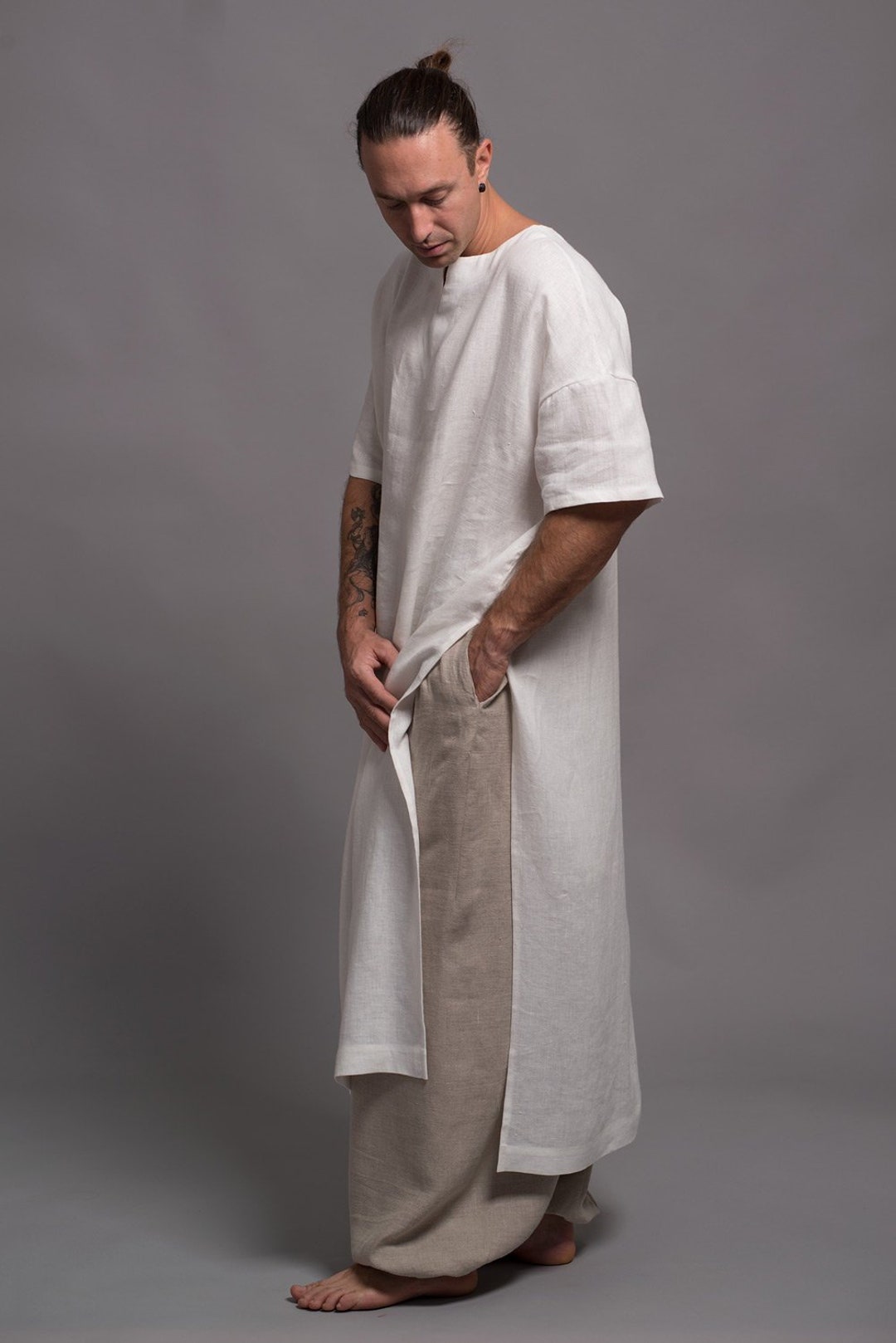 Long Linen Shirt for Men, White Flax Tunic, Mens Dress