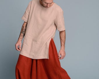 Men's Linen Outfit | 2 items | Linen Harem Pants &  Linen Hi Low hem Tunic | Petite, Regular, Plus Size, Tall - Custom Made Men's Clothes