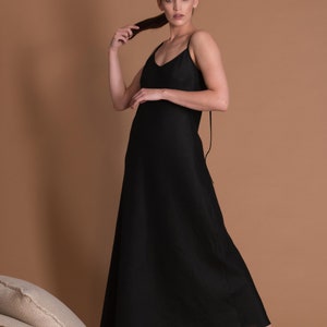 Black Linen Slip Dress in Bias Cut with Spaghetti Straps VERED image 2