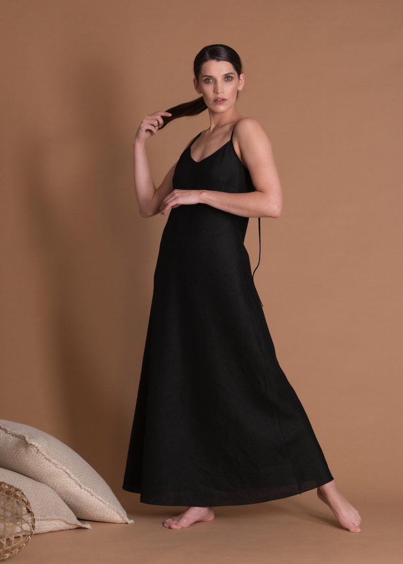 Black Linen Slip Dress in Bias Cut with Spaghetti Straps VERED image 2