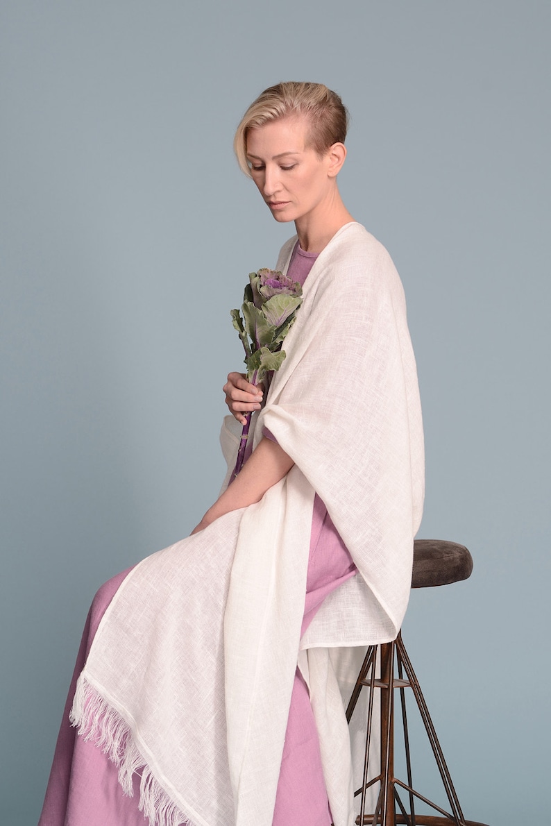BOHO Open-Weave Linen Cape, Women's Lagenlook Fringe Kimono Cardigan, Bohemian Rustic Wedding White Poncho Cover-Up, Long Flax Shawl Wrap image 7
